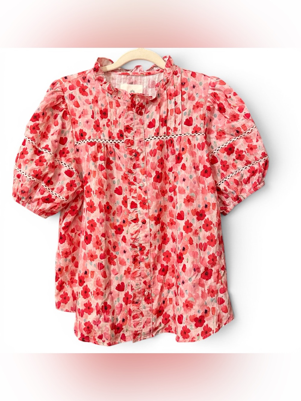 Umgee USA Carnation Floral Print With Lace Puff Sleeve Blouse